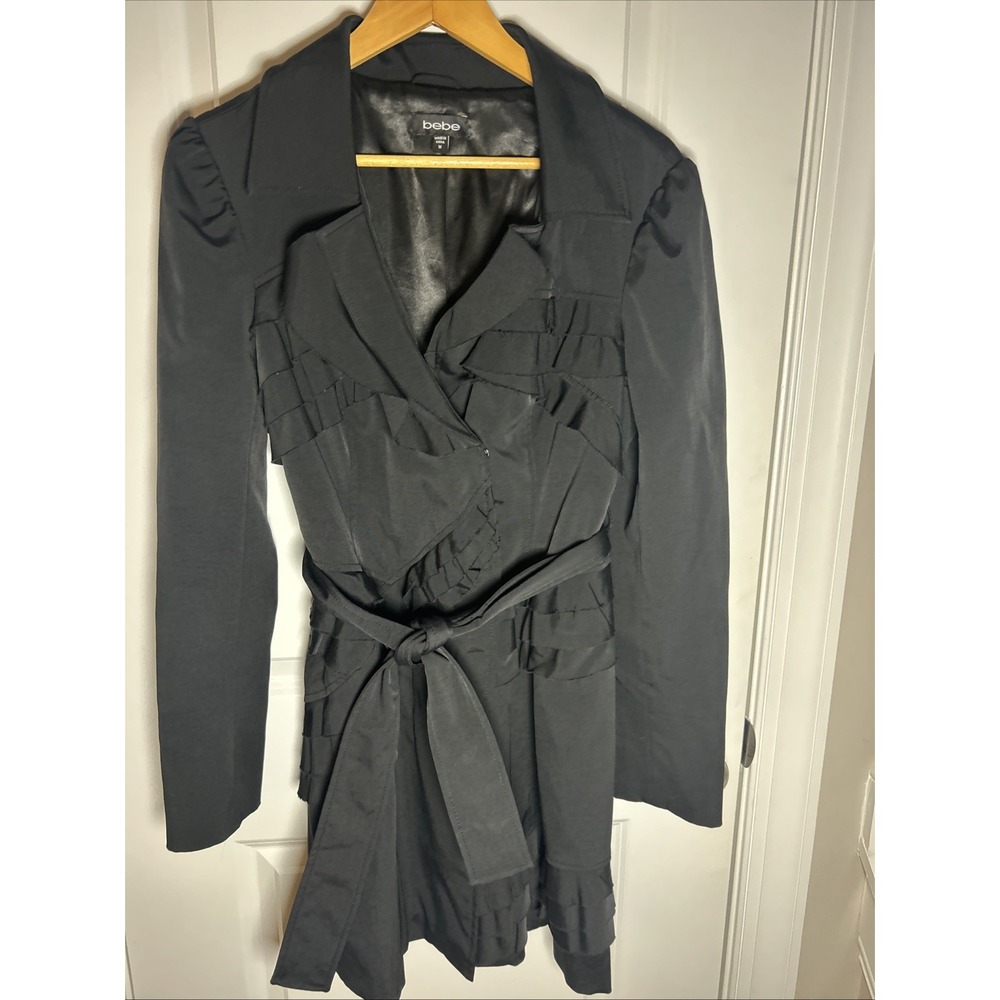 Bebe Trench‎ Coat Medium Black Ruffle Steampunk Gothic Lolita Belt Jacket Y2K